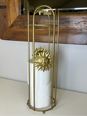 VTG 90’s Gold Celestial Sun Face Toilet Paper Holder Stand Metal 17” Bath Decor